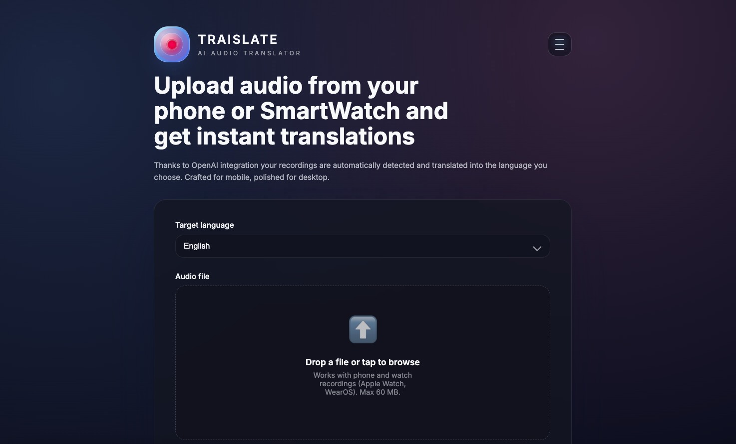 Traislate AI website homepage